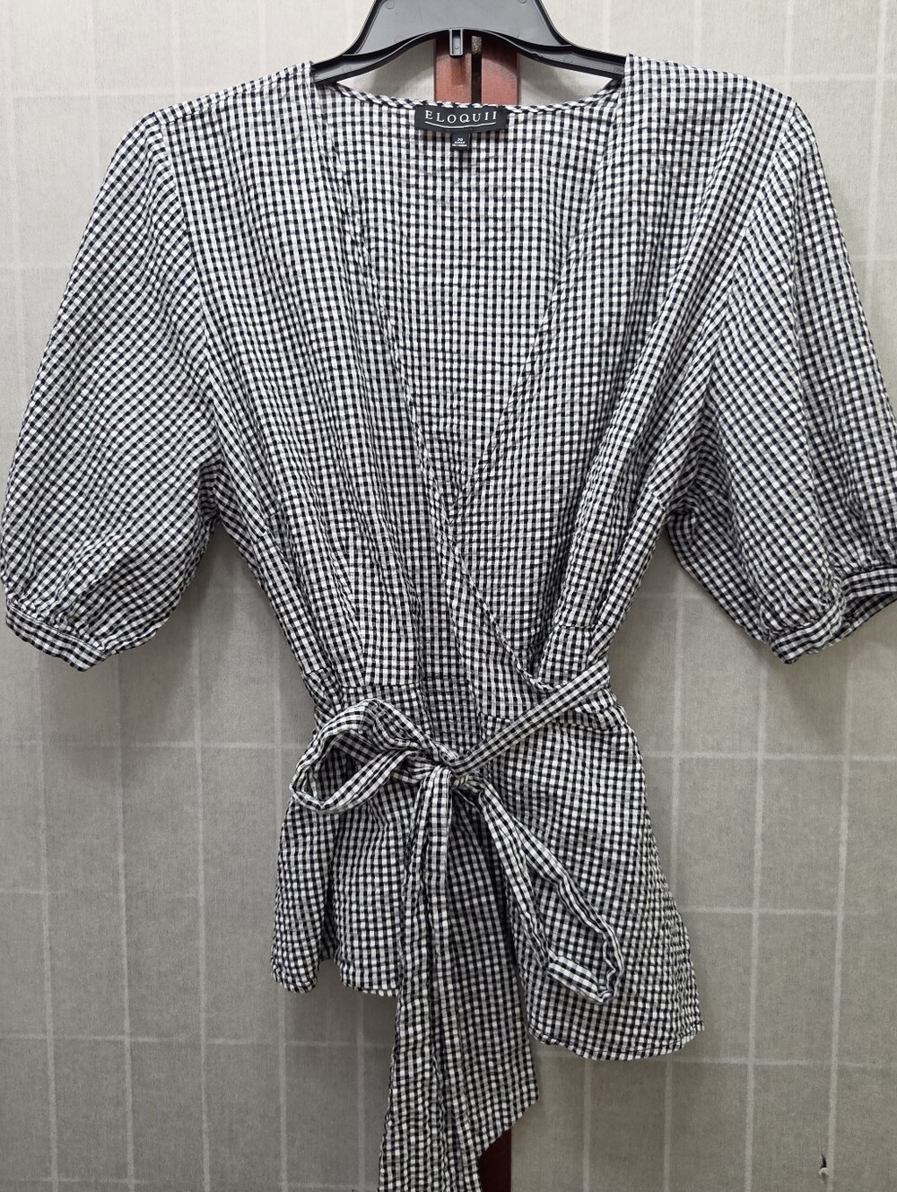 ELOQUII Black White Gingham Wrap Top Puff Sleeve Cottagecore Chic Peplum 20